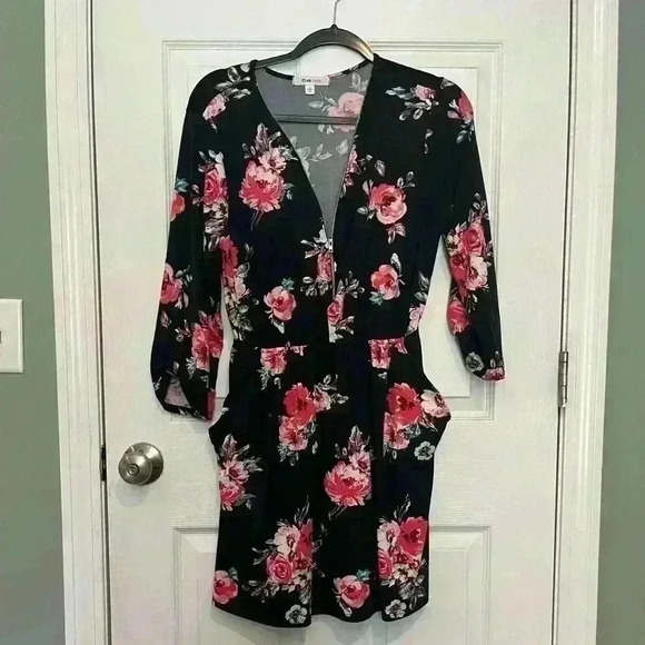Juniors Club Soda 3/4 Sleeve Floral Front Zip Up Dress Size Large - Picture 1 of 6